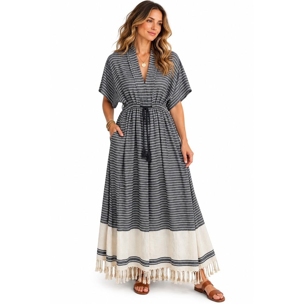 The Handloom LA Kimono Cardigan Turkish Cotton Striped Fringe Boho Duster